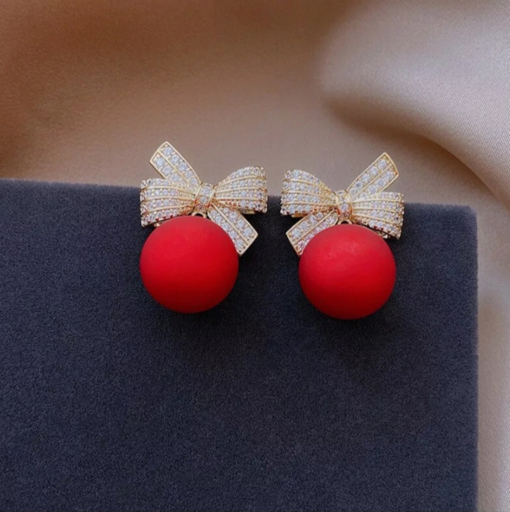 Red and Gold Holiday Christmas Bow Rhinestone Dangle Drop Earrings - Picture 2 of 11